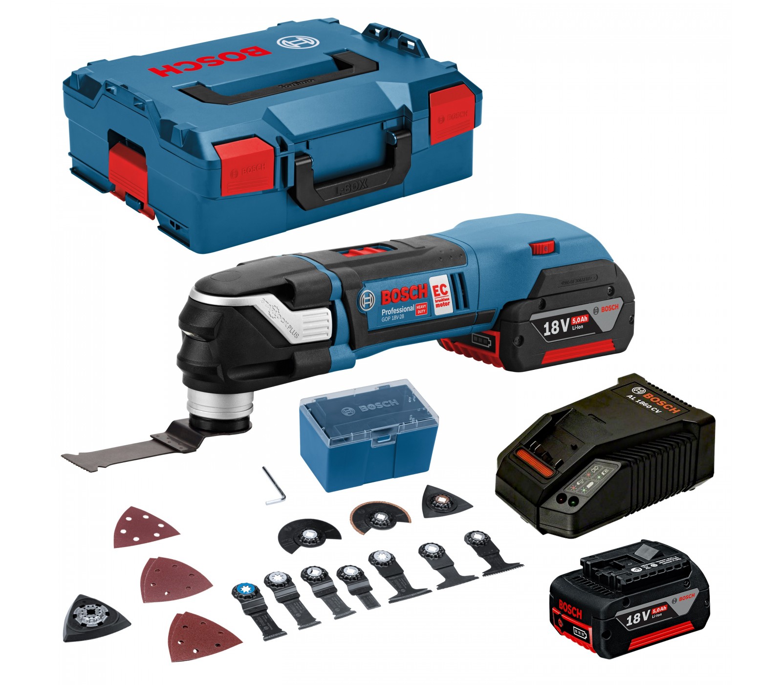 Cordless multi-cutter Bosch GOP 18 V-28 set, 2 x 5 Ah, charger, carrying  case + accessories