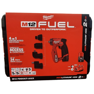 Cordless drill driver Milwaukee M12 FDDXKIT-202X set, 12 V, 2 x 2 Ah, charger, carrying case + 4 chucks